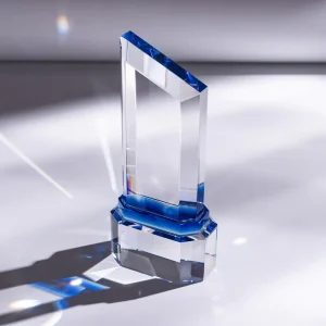 Blue Geometric Crystal Trophy Modern Laser Engraved Thermal Transfer Printed Award for Corporate Recognition Employee