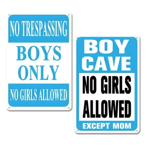 Blue White Rectangle Metal Sign Boys Only Boy Cave No Girls Allowed Except Mom Funny Bedroom Wall Decor