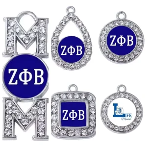 Blue White Tone Zeta Phi Beta Sorority Paraphernalia Jewelry Charms Stone Inlaid Silver Plated Women’s ZPB Gift