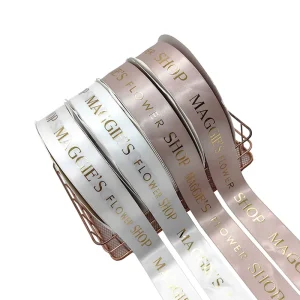 Brand Name Printed Satin Ribbon 3D Gold Foil Printed Satin Ribbon with Logo for Making Ribbon Flowers