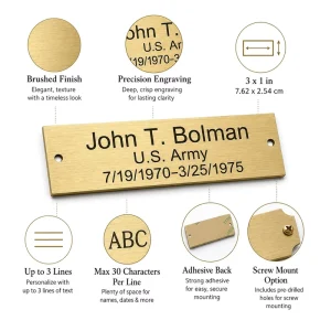 Brushed Gold Solid Brass Name Plate Frame Personalized Custom Engraved Art Tag with Self Adhesive Back