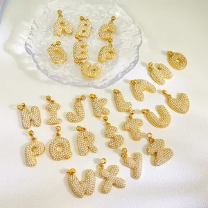 Bubble Letter Pendant Women’s Gold Plated Zircon Chunky Initial Name Balloon Alphabet Stainless Steel Charms