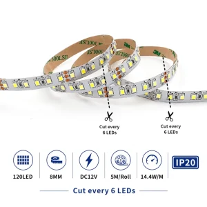 CCT Dimmable SMD2835 8MM 120LEDs/M DC 12V Safe Voltage Double Layer Copper IP20 LED Strip for Commercial Lighting