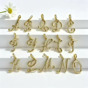 CZ9445 18k Gold Plated Cursive CZ Pave Initial Letter Gold Plated Crystal Alphabet Pendant for Personalized DIY Jewelry Making