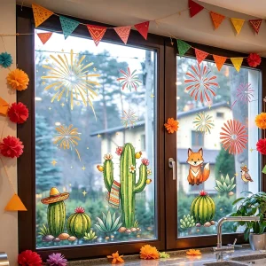 Cactus Fireworks Window Decals Static Glass Stickers for Shop Windows Glass Doors and Home Decoration
