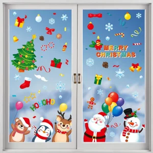 Cartoon Santa Reindeer Glass Decals for Retail Storefront Office Holiday Decoration Christmas Static Window Clings
