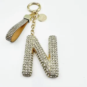Chic N Letter Full Rhinestone Keychain Crystal Pu Leather Strap Bag Charm Spring Ring Car Key Pendant Gift Accessory
