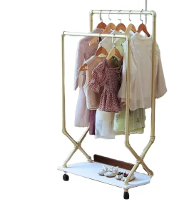 Child Clothes Rack Kids Garment Rack Dress up Closet Rolling Pipe Open Clothing Rack With Wood Storage Shelf