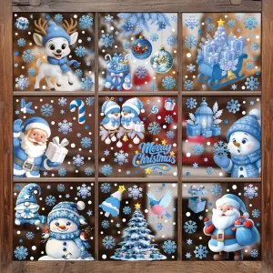 Christmas Party Decorations Blue Creative Bell Elk Santa Claus Static Cling PVC Snowflakes Snowman Glass Decals Stickers Custom