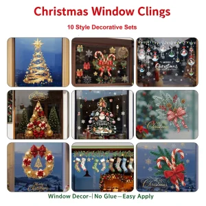 Christmas Window Clings Set Static Decals Snowflakes Santa Reindeer Snowman PVC for Glass Door Window Holiday Decor