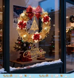 Christmas Window Decals Electrostatic Adhesive Glass Door Stickers Set Christmas Wreath Reusable Holiday Window Decorations