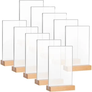 Clear Acrylic Sign Display Stand with Natural Wood Base Wedding Table Number Holder for Banquet and Event Signage