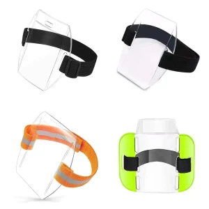 Clear Badge Holder Arm Band Vertical Vinyl Badge Holder Credit Card Size Badge Strap with Adjustable Reflective Strap
