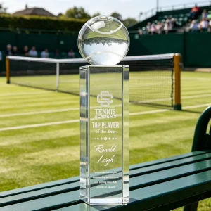Clear K9 Crystal Tennis Award Slim Extra Long Rectangular Pillar Surface Etching Custom Tennis Academy Top Player Trophy