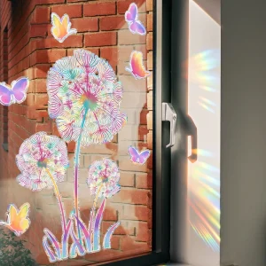 Colorful Dandelion & Butterfly Static Window Clings Sunlight Refracting Glass Stickers Glue-Free Decorative Window Decals