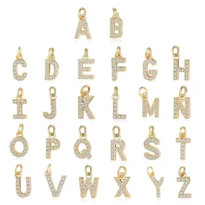 Copper Diamond Zircon Rhinestone Letter Pendant Initial Alphabet Charm 18K Gold Plate CZ Crystal DIY Necklace