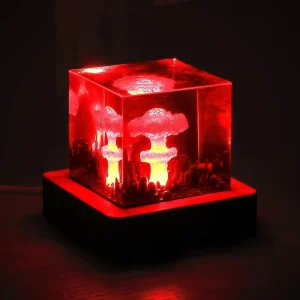 Creative USB Wood LED Light Base Resin Cube 3D Mushroom Cloud Nuclear Explosion Table Lamp LED Tabletop Night Lights
