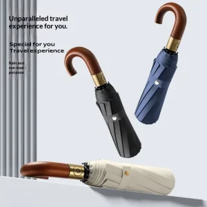 Curved Handle Solid Wood Parasol Three Section Folding Umbrella Automatic Open British Style Business Gift