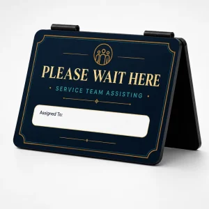 Custom 1.5mm Heavy Duty Steel Folding Table Top Tent Display for Hotel Reception Gold Foil Branding Premium Metallic Desktop Sign