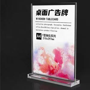 Custom A3 A4 A5 Acrylic T Shape Double Sided Table Top Display Stand Sign Holder
