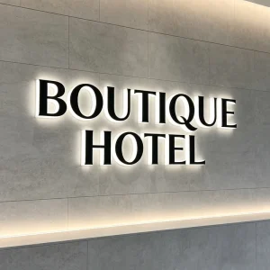 Custom Backlit 3D LED Letter Sign Black Acrylic Edge Glow Logo Wall Sign for Boutique Hotel Lobby Reception