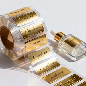 Custom Brand Logo Clear Gold Foil Label Transparent Hot Stamping Sticker Waterproof Sealing Labels for Fashion Industrial Use