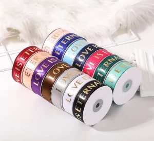 Custom Branded Logo Design Printed Foil Golden Silvery Eco Friendly Polyester Satin Ribbons 100 Yards Roll for Holiday