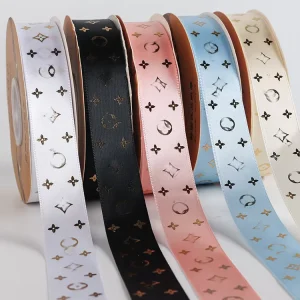 Custom Branded Stain Polyester Gift Wrapping Ribbon for Flowers 1inch Gold Foil Korean Satin Ribbon with Logo