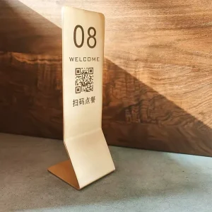 Custom Brass QR Code Payment Table Sign Freestanding Table Number Stand for Restaurant Cafe Hotel Bar Retail Shop Cashier Display