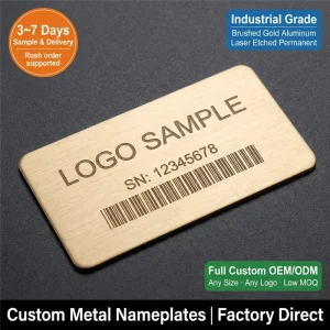 Custom Brushed Gold Aluminum Nameplates Industrial Grade Tags with Permanent Laser Etched Logo