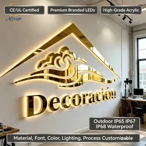 Custom Business Logo Indoor Wall Led Signage Led Light Up Acrylic Metal 3D Gold Mirror Letter Sign Custom Led Sign for Business
