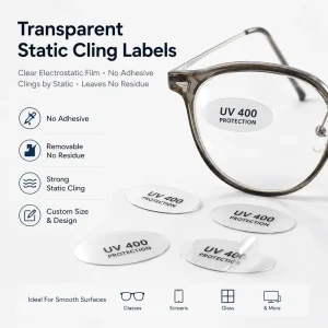 Custom Clear Static Cling Labels Stickers No Adhesive Removable Electrostatic Film for Glass Screens Eyewear Residue Free OEM