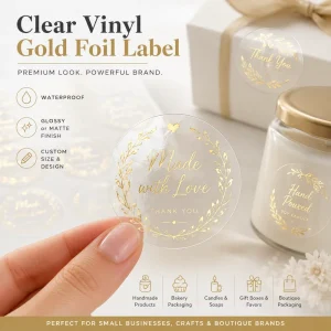 Custom Clear Vinyl Gold Foil Labels Stickers Waterproof Glossy Matte Self Adhesive for Candles Gift Packaging OEM