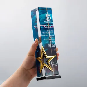 Custom Crystal Glass Trophy with Gold Silver Bronze Metal Star and Color UV Printing for Award Ceremony Corporate Gift