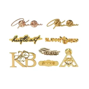 Custom Decorative Luxury Logo Embossed 3D Gold Letter Suit Badge Metal Hollow Women Men Brooch Lapel Pin for Clothes
