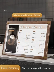 Custom Design High End Acrylic Menu Display Signs Table Cards for Coffee Shops Bubble Tea Stores A4 A5 Sizes Tabletop Standing