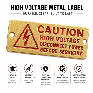 Custom Durable High Voltage Metal Label Caution Warning Nameplate for Industrial Electrical Safety Water Corrosion Resistant