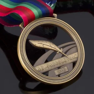 Custom Feather Design Hollow Medal Factory Custom Antique Gold Medal for Calligraphy or Writing Competition Events