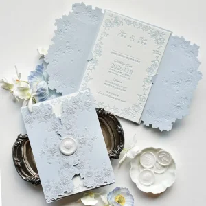 Custom Fine Art Embossed Wedding Invitation Light Blue Floral Card with Wax Seal for Bridal Shower