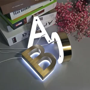 Custom Gold Brushed Mirror Plated Stainless Steel Backlit Channel Letters Metal Halo Luminous Sign Advertising Logo Luminous