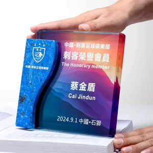 Custom Gold Plated Zinc Alloy Honor Plaque Blue Stone Crystal Square UV Printed Trophy Personalized