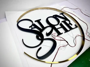Custom Golden Circular Frame Backlit 3D Stainless Steel Letters LED Halo Lit Sign Studio Salon Indoor Wall Mount Logo Sign