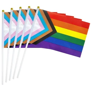 Custom Hand Held Flag 30×45 Hand Triangle Flag with Stick Progress Pride Rainbow Hand Held Waving Flag with Plastic Pole