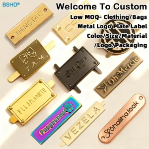 Custom Handbag Metal Logo Designer Sewing Emboss Engraved Metal Nameplate Logo Tags for Bag with Holes
