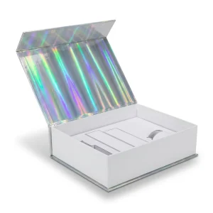 Custom Hinged Rigid Cardboard Skincare Gift Box Holographic Silver Die Cut Insert Beauty Packaging