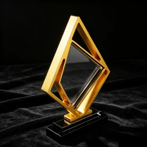 Custom Hollow Gold Zinc Alloy Diamond Trophy with Crystal Plate Laser Engraving & Various Sizes for Corporate Award Souvenir