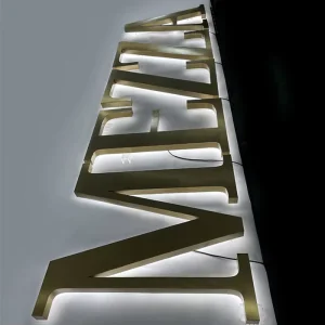 Custom Indoor Outdoor LED Lighting Alphabet 3D Backlit Brushed Metal Gold Color Business Channel Letter Sign