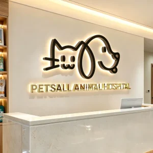 Custom LED Backlit Veterinary Hospital Sign 3D Bronze Logo Letters Commercial Animal Clinic Storefront Signage Manufacturer