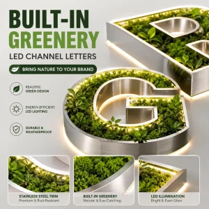 Custom LED Channel Letters with Built in Greenery Stainless Steel Trim Acrylic Sign for Storefront