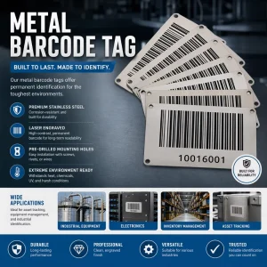Custom Laser Engraved Stainless Steel Permanent Asset Tracking Metal Barcode Tag with Pre drilled Mounting Holes Industrial Use